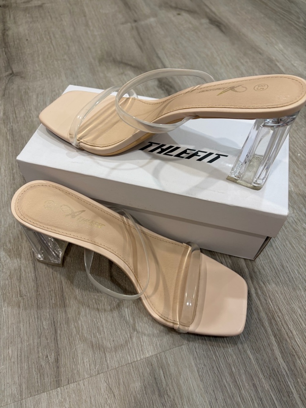Clear Double-Strap Nude Block Heel Sandals